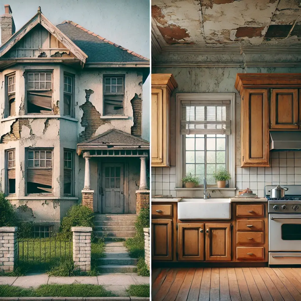 DALL·E 2024-07-27 12.34.30 - A house exterior with peeling, faded paint and an outdated kitchen that feels old and uninspiring. The image should convey a sense of frustration and 