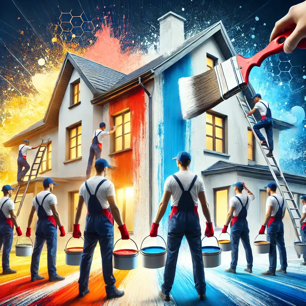 DALL·E 2024-07-27 12.36.01 - A team of skilled professionals painting and revitalizing a homes exterior using innovative, weather-adjustable paint formulations. The image should 