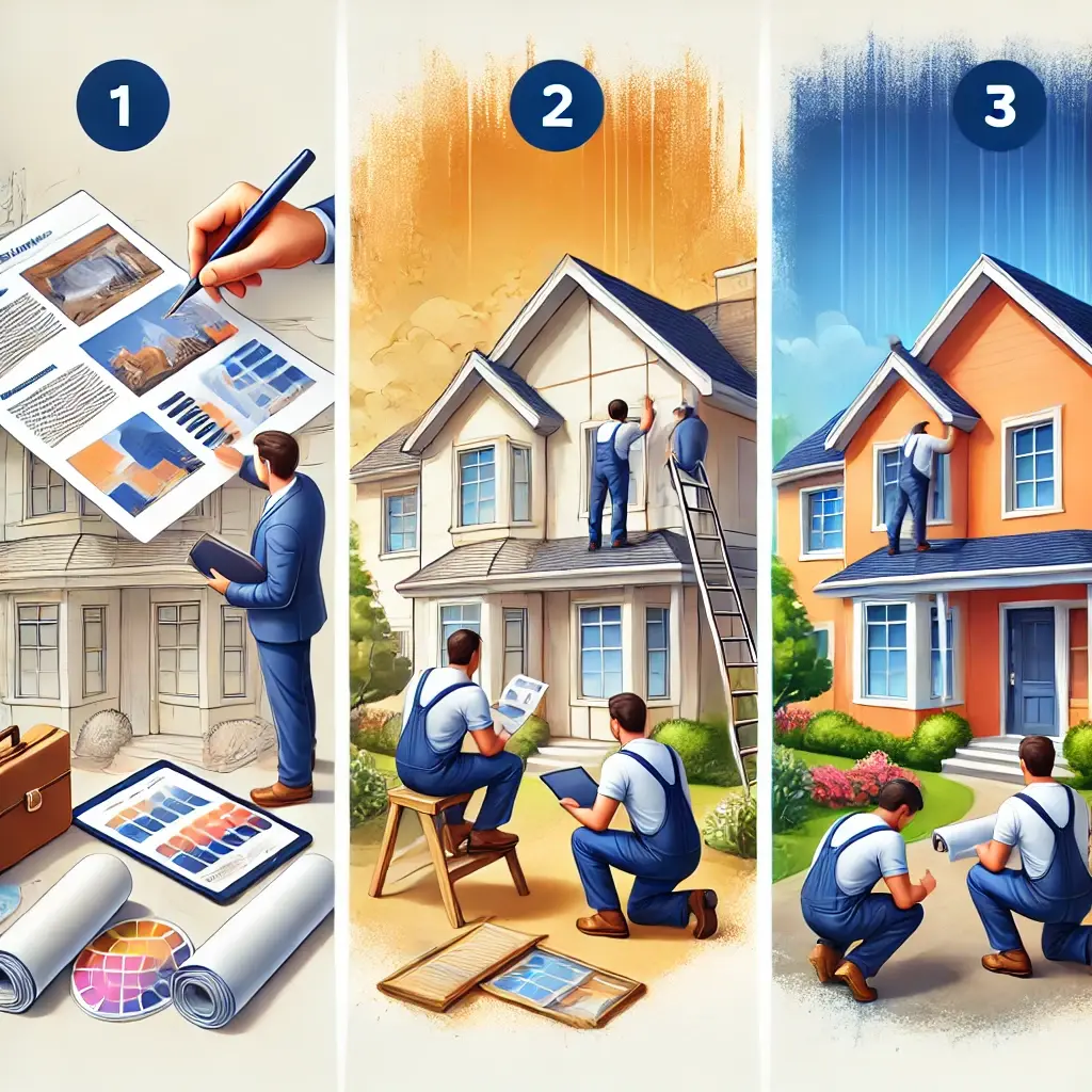 DALL·E 2024-07-27 12.38.36 - An image depicting a three-step home transformation process. Step 1_ A homeowner having a consultation with an expert, discussing their vision with de