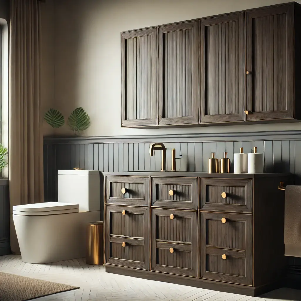 DALL·E 2024-07-27 12.53.56 - A modern bathroom featuring shaker-style bathroom cabinets with a factory-quality finish in a dark wood color with brass handles. The cabinets should 