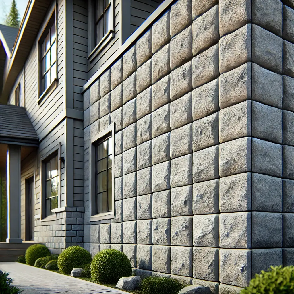 DALL·E 2024-07-27 13.13.21 - A realistic close-up image of a house with concrete block siding. The concrete blocks should be clean, well-maintained, and arranged in a neat, horizo